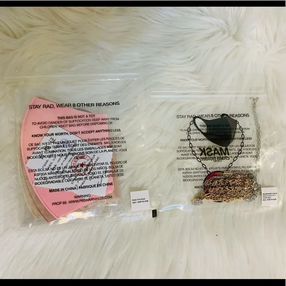 NWT 8 Other Reasons 3 Washable & Reusable Masks w Gold & Silver Colored Chains!